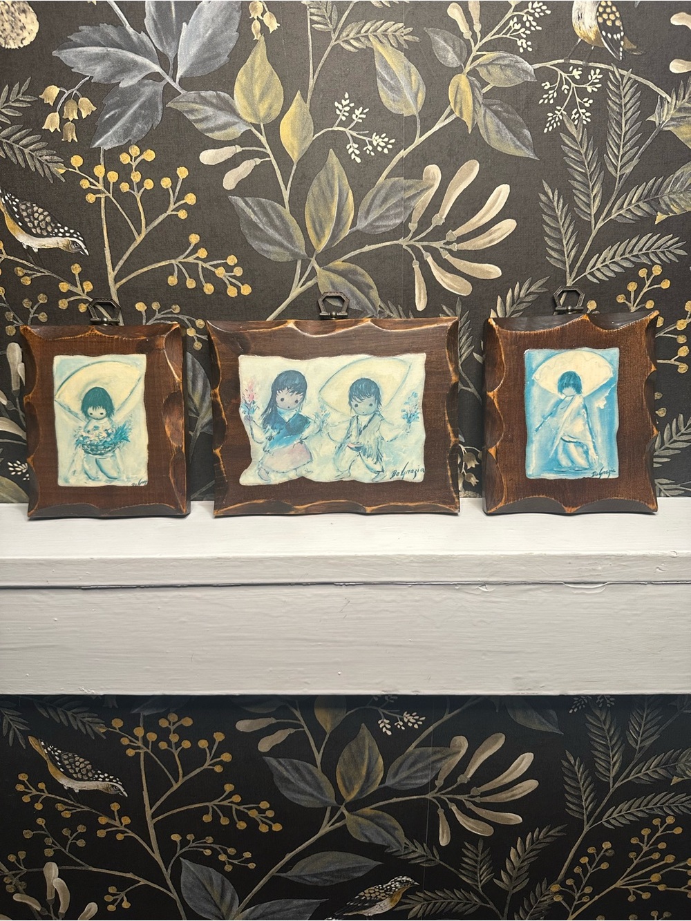 VINTAGE DEGRAZIA PRINT ON WOOD PLAQUE FRAME Set of 3
